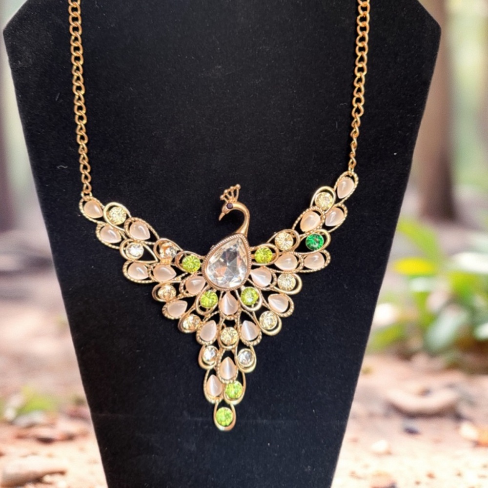 Elegant Gold and Green Peacock Necklace